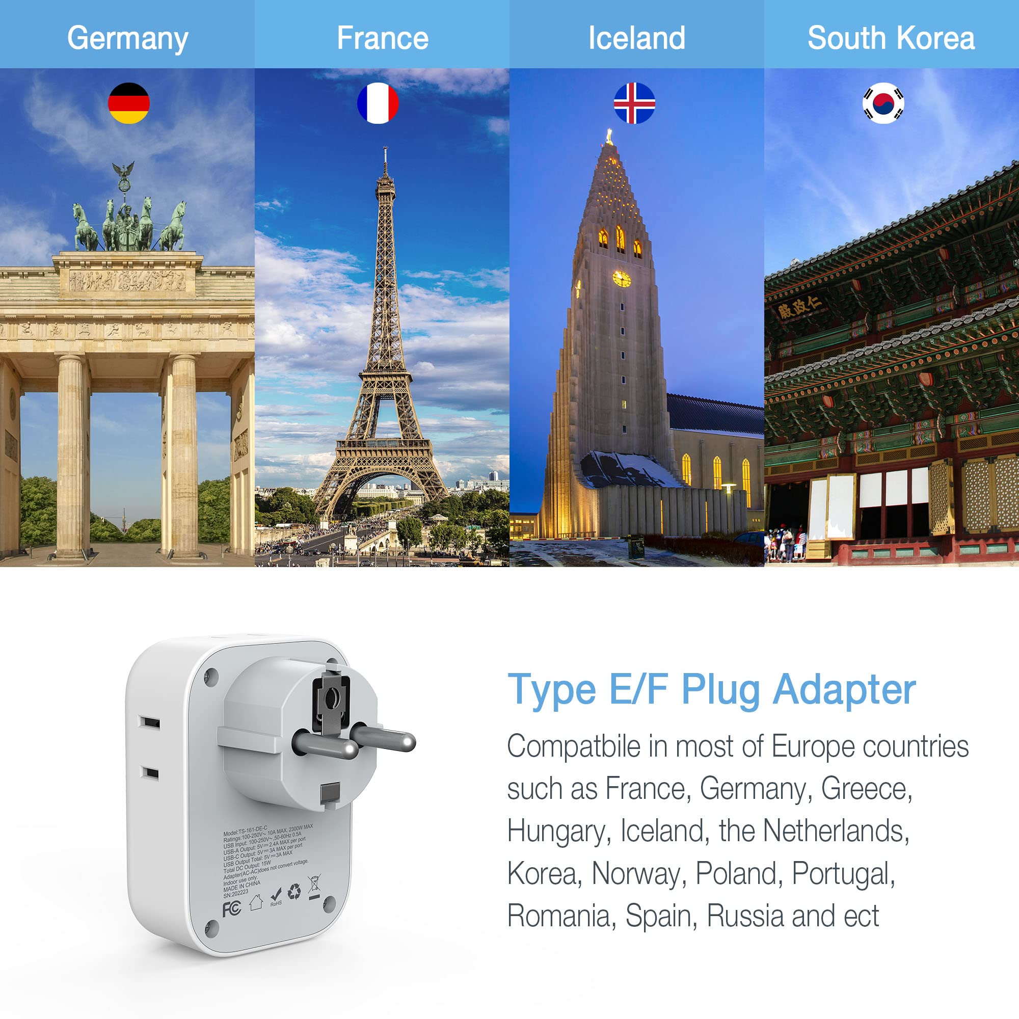 TESSAN Type E/F adapter ports close-up highlighting USB ports