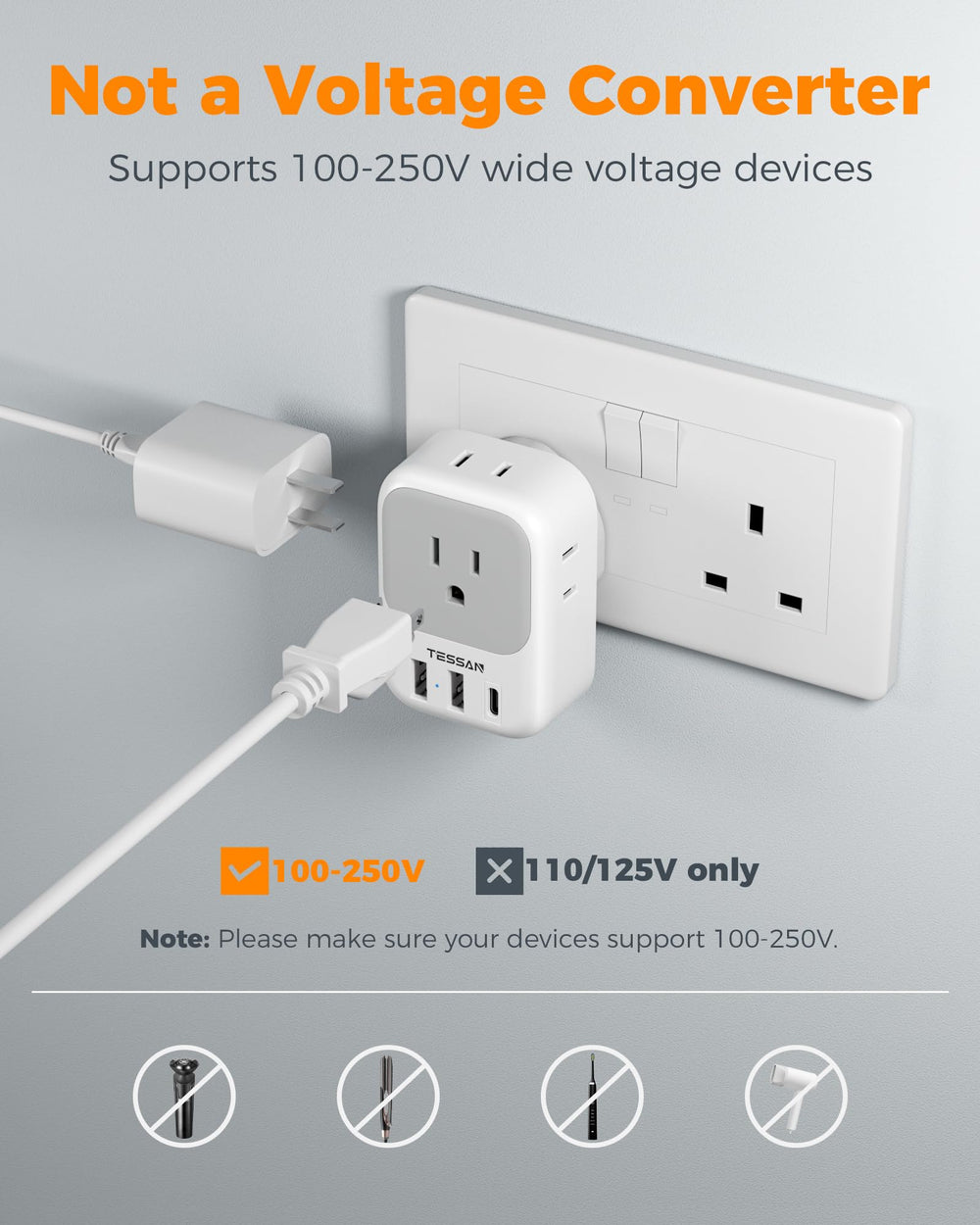 TESSAN Type G plug compatibility map shows broad regional use.