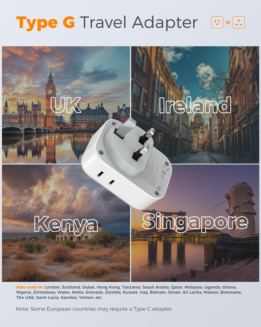 TESSAN Type G adapter in use at a UK socket, multi-port charging ready.