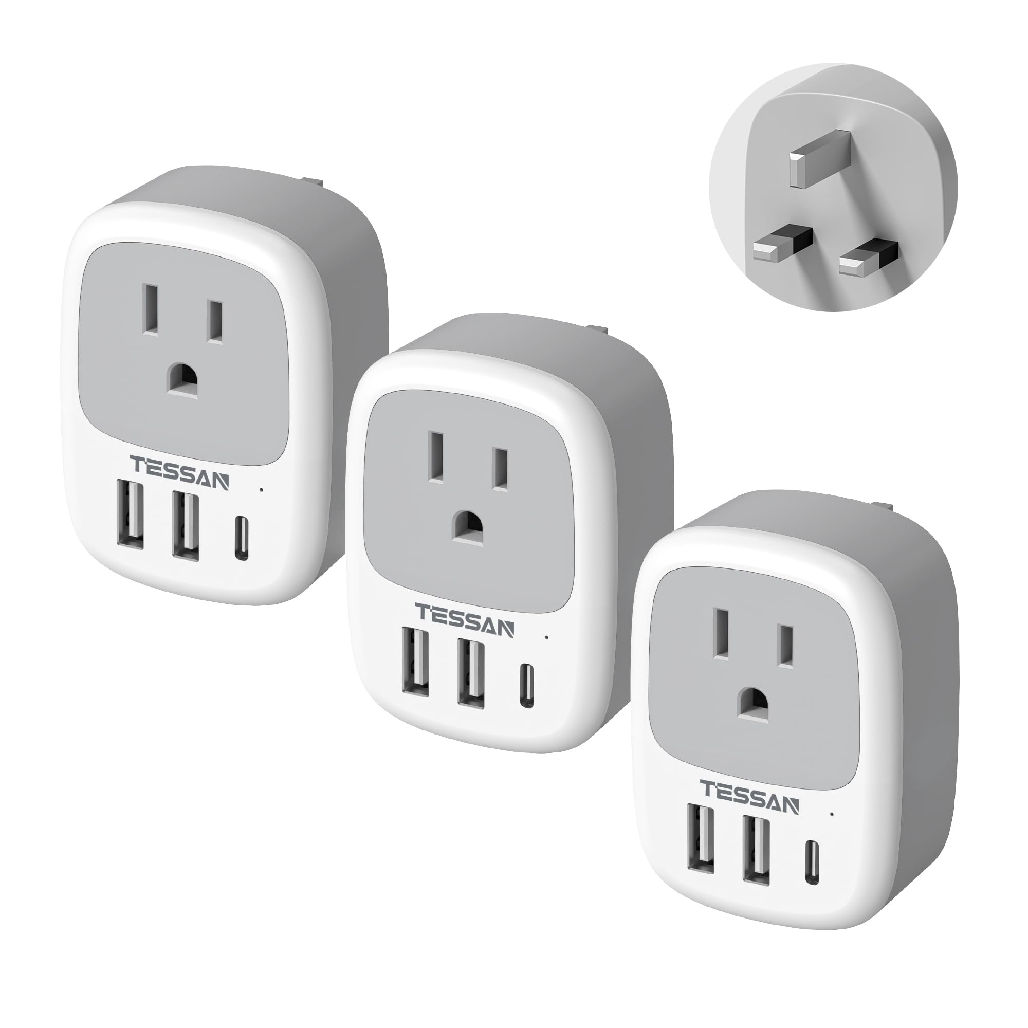 TESSAN UK travel adapter 3-pack on table, compact and travel-ready for hotel setups.