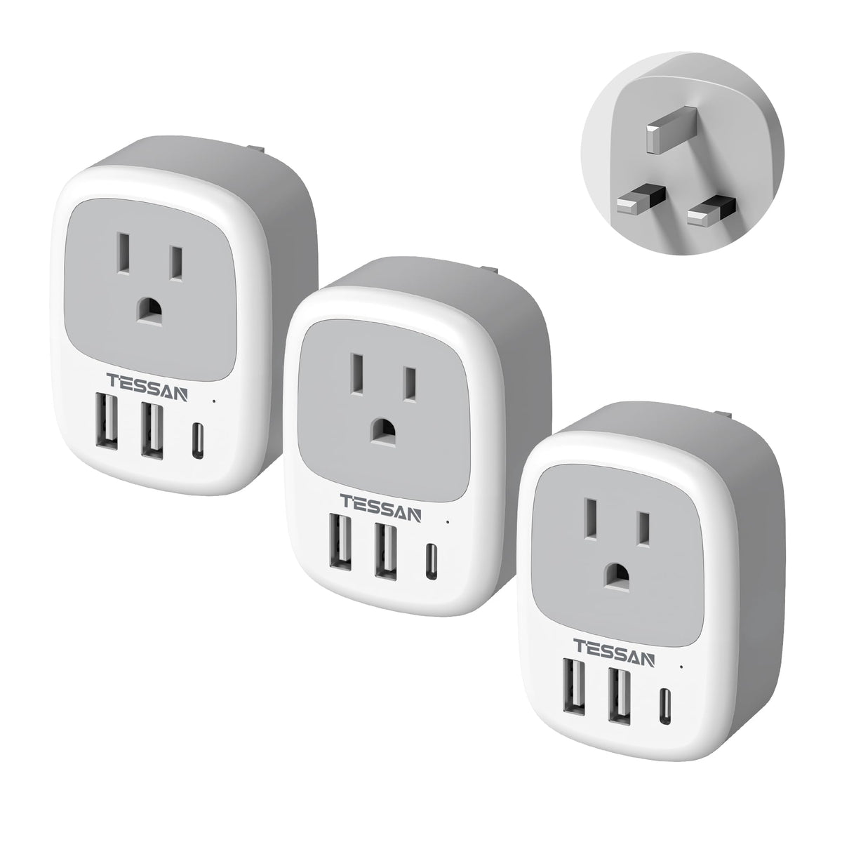 TESSAN UK travel adapter 3-pack on table, compact and travel-ready for hotel setups.