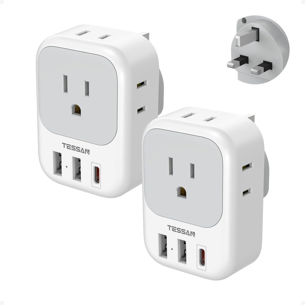 TESSAN UK travel adapter with four outlets for versatile charging on the go.
