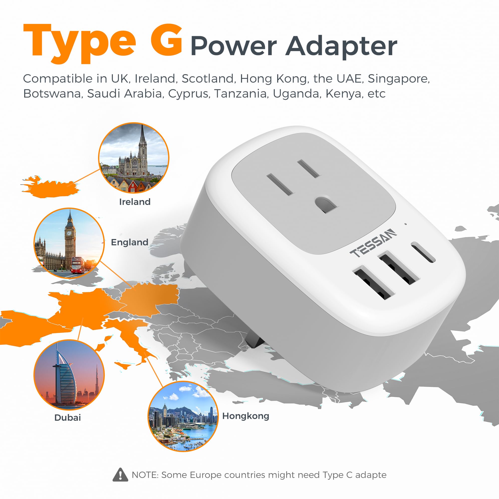 TESSAN compact-size UK adapter fits neatly in luggage for trips.