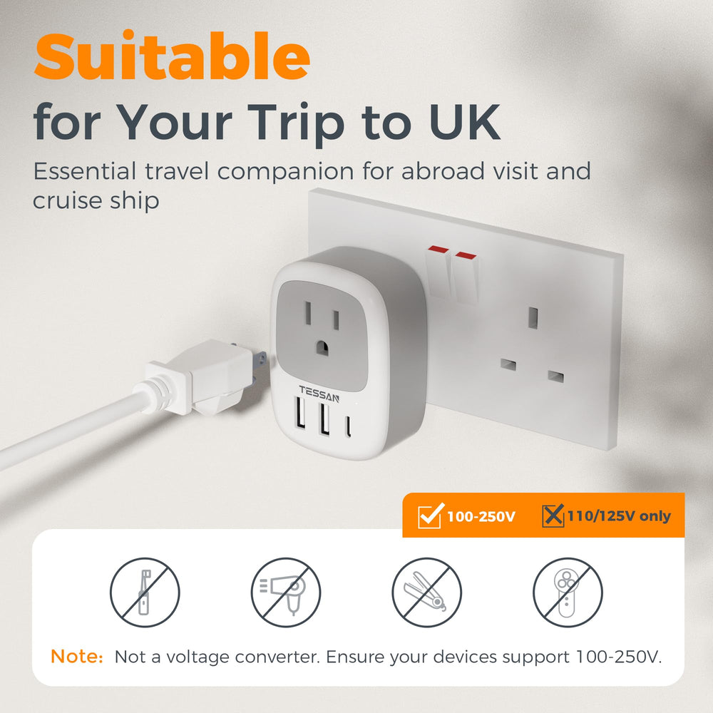 TESSAN UK adapter in use in a hotel room, ready for devices.