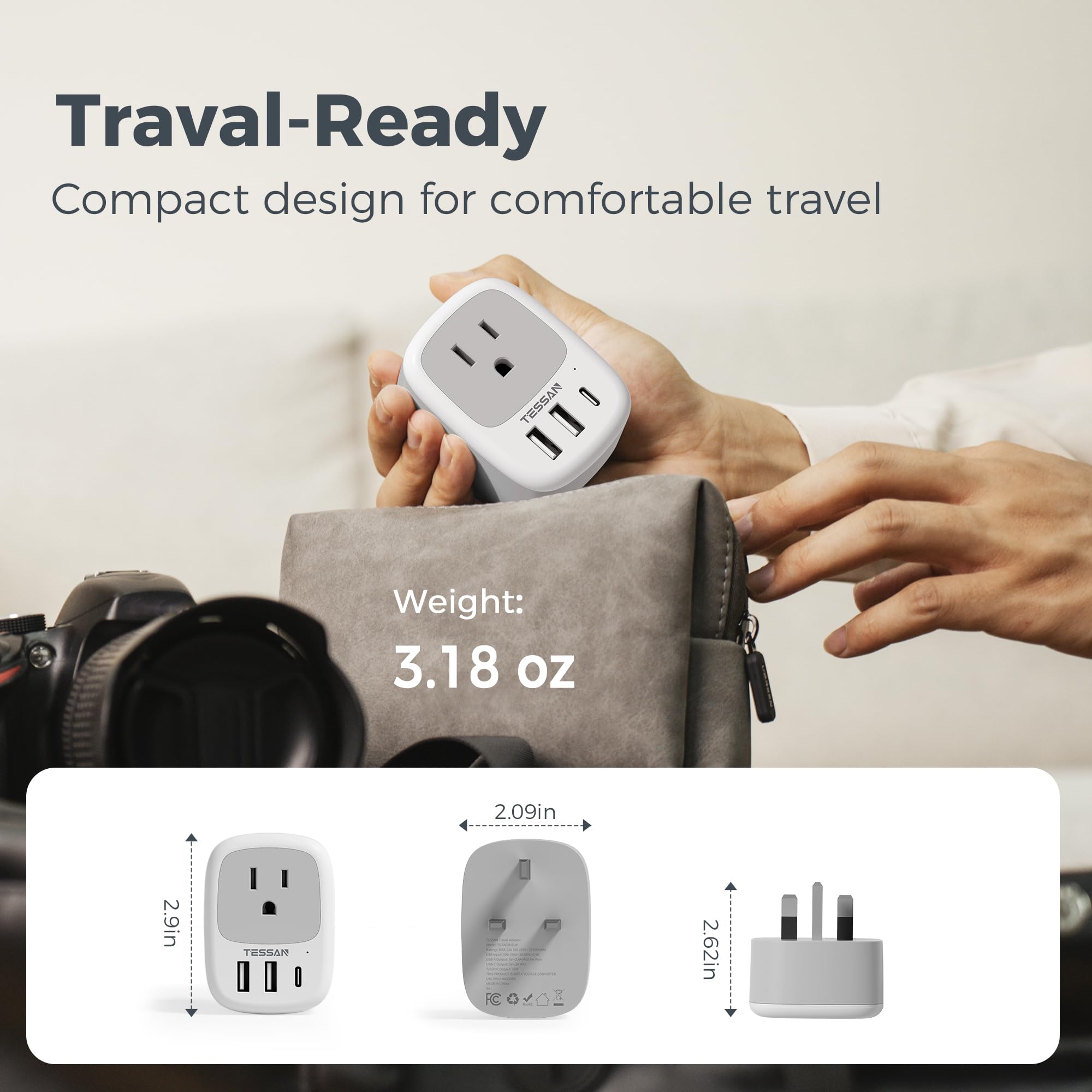 TESSAN packaging displaying a 3-pack of UK adapters for travel.