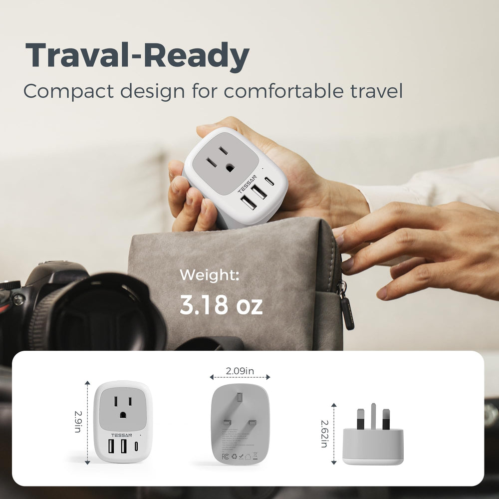 TESSAN packaging displaying a 3-pack of UK adapters for travel.