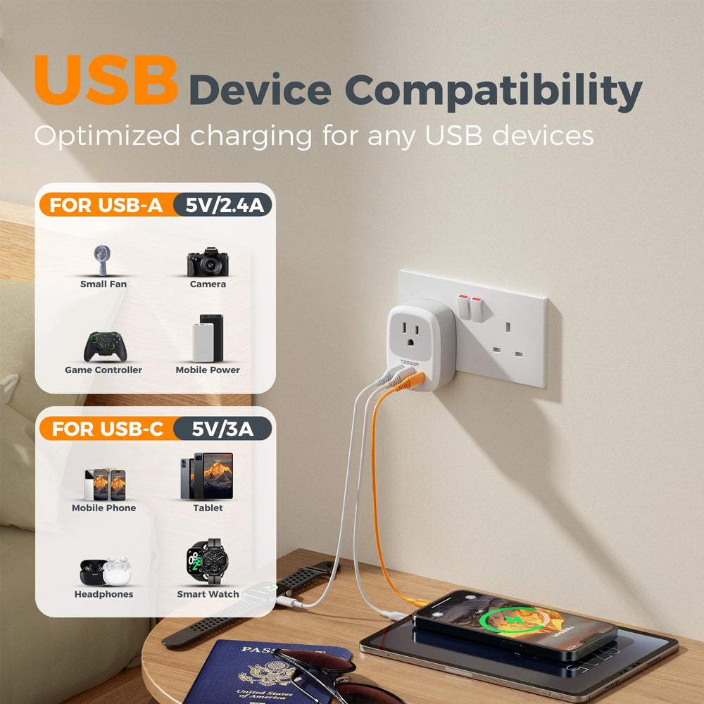 TESSAN UK adapter USB ports visible, charging multiple devices simultaneously.