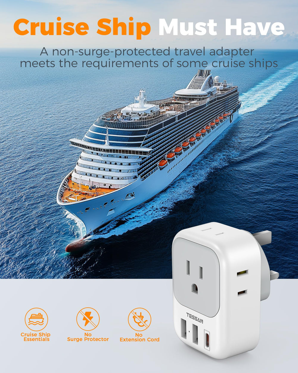 TESSAN reminder that this is not a voltage converter for high-wattage devices.