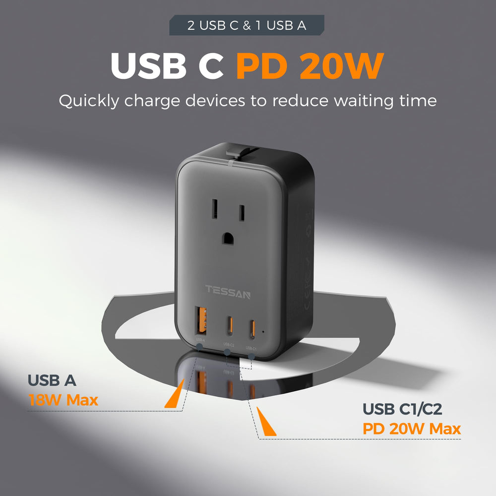 TESSAN ultra-thin, compact travel adapter fits easily in luggage.