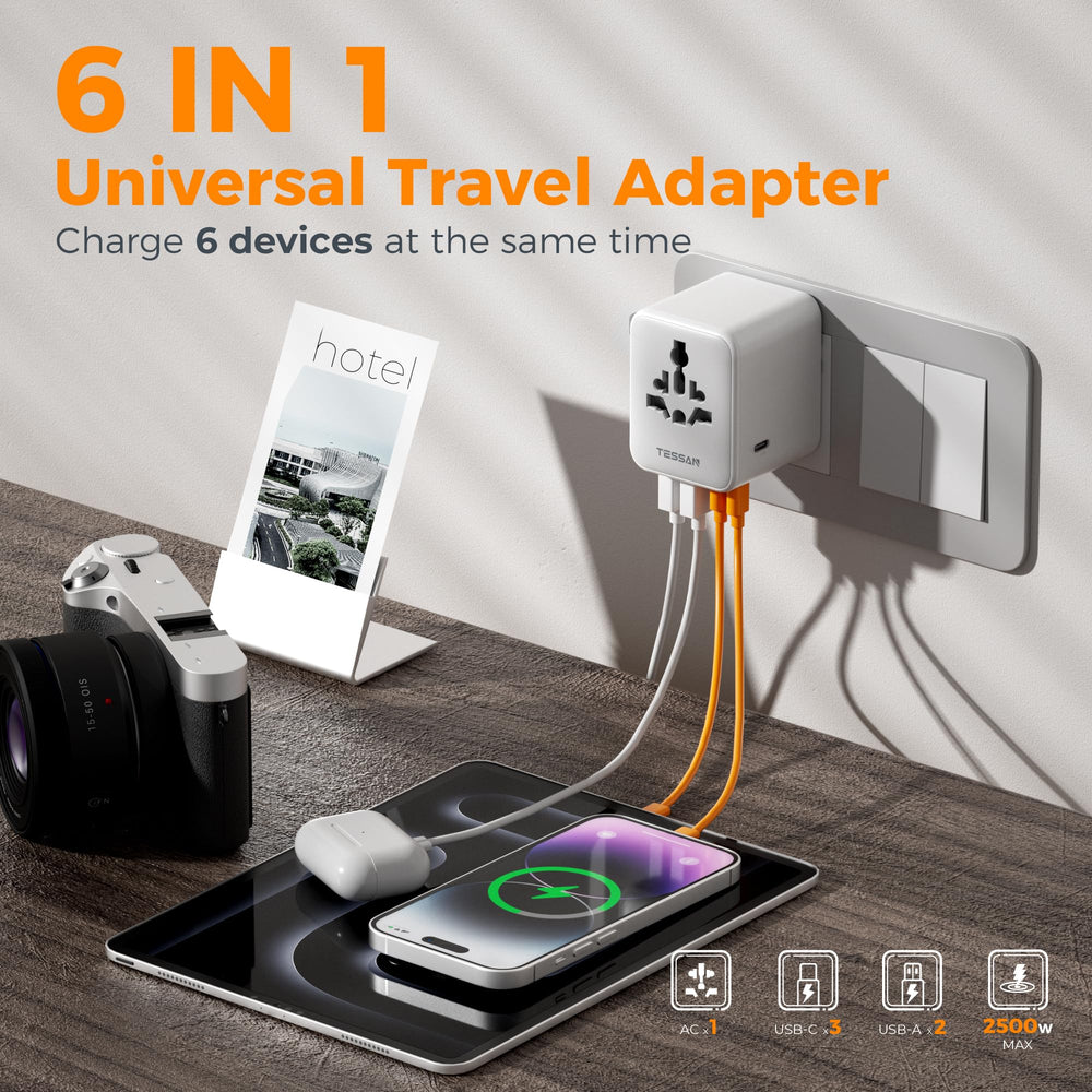 TESSAN compact travel adapter fits easily in luggage for travel