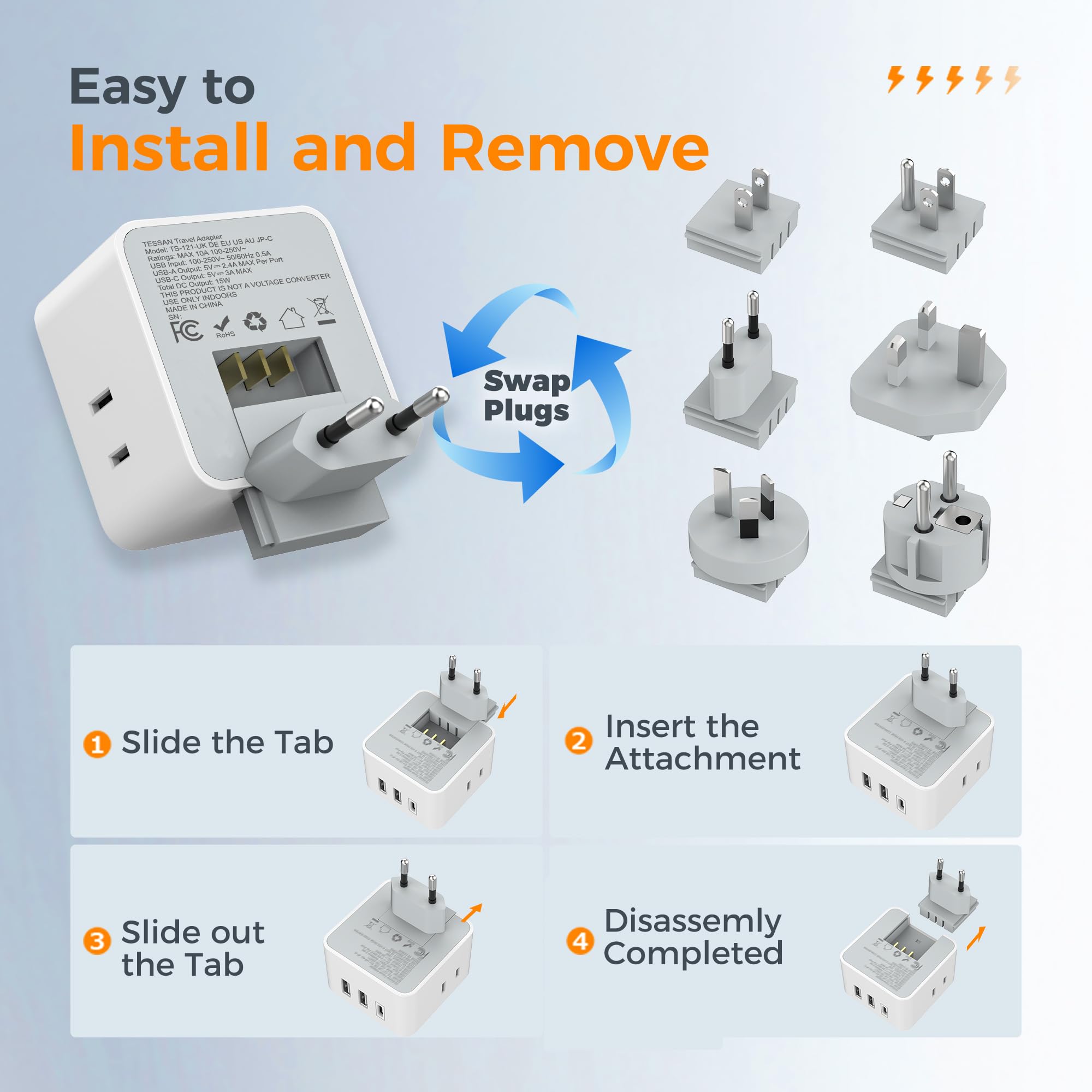 Voltage range 100-250V shown for versatile worldwide use