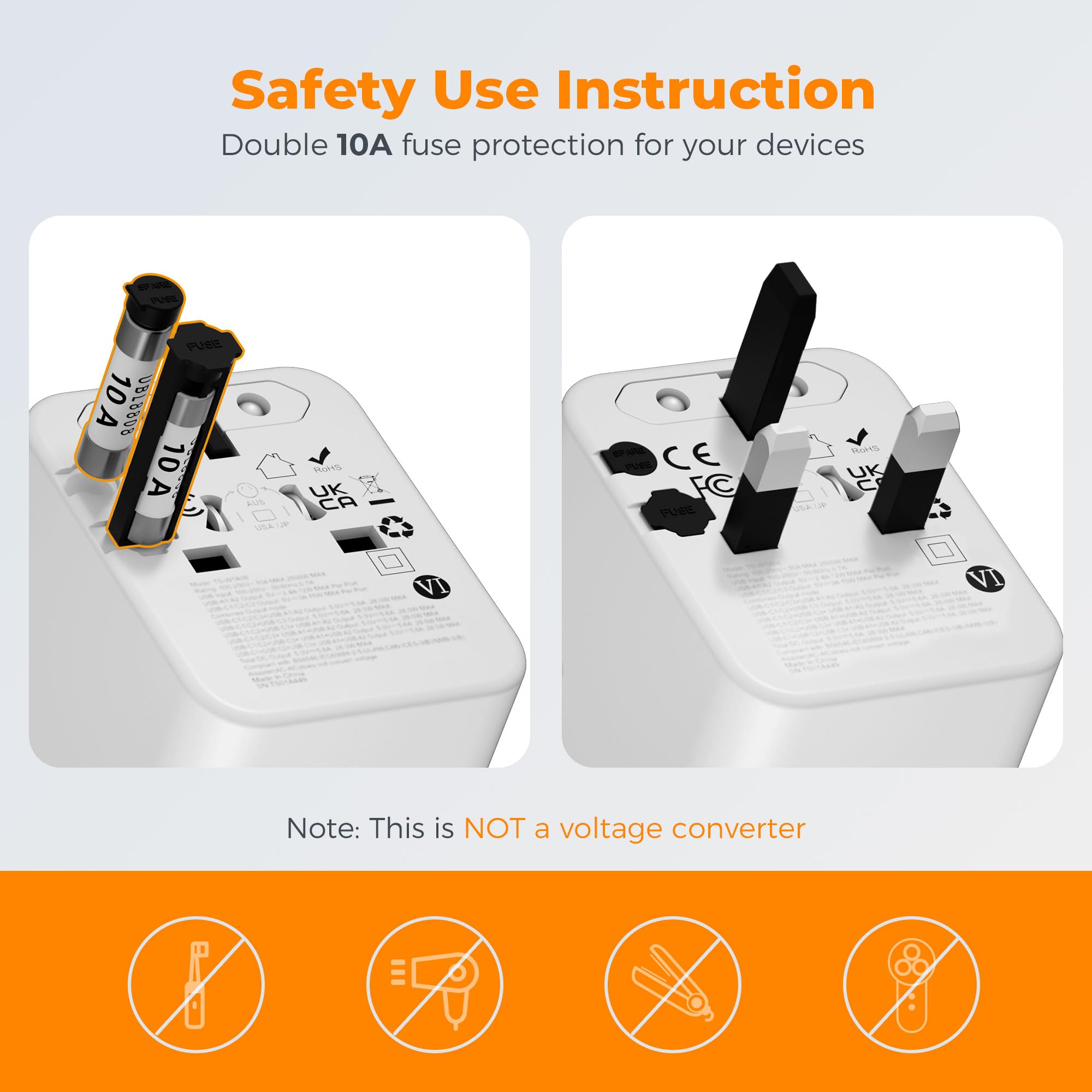 TESSAN travel adapter features dual 10A fuse protection for safer journeys