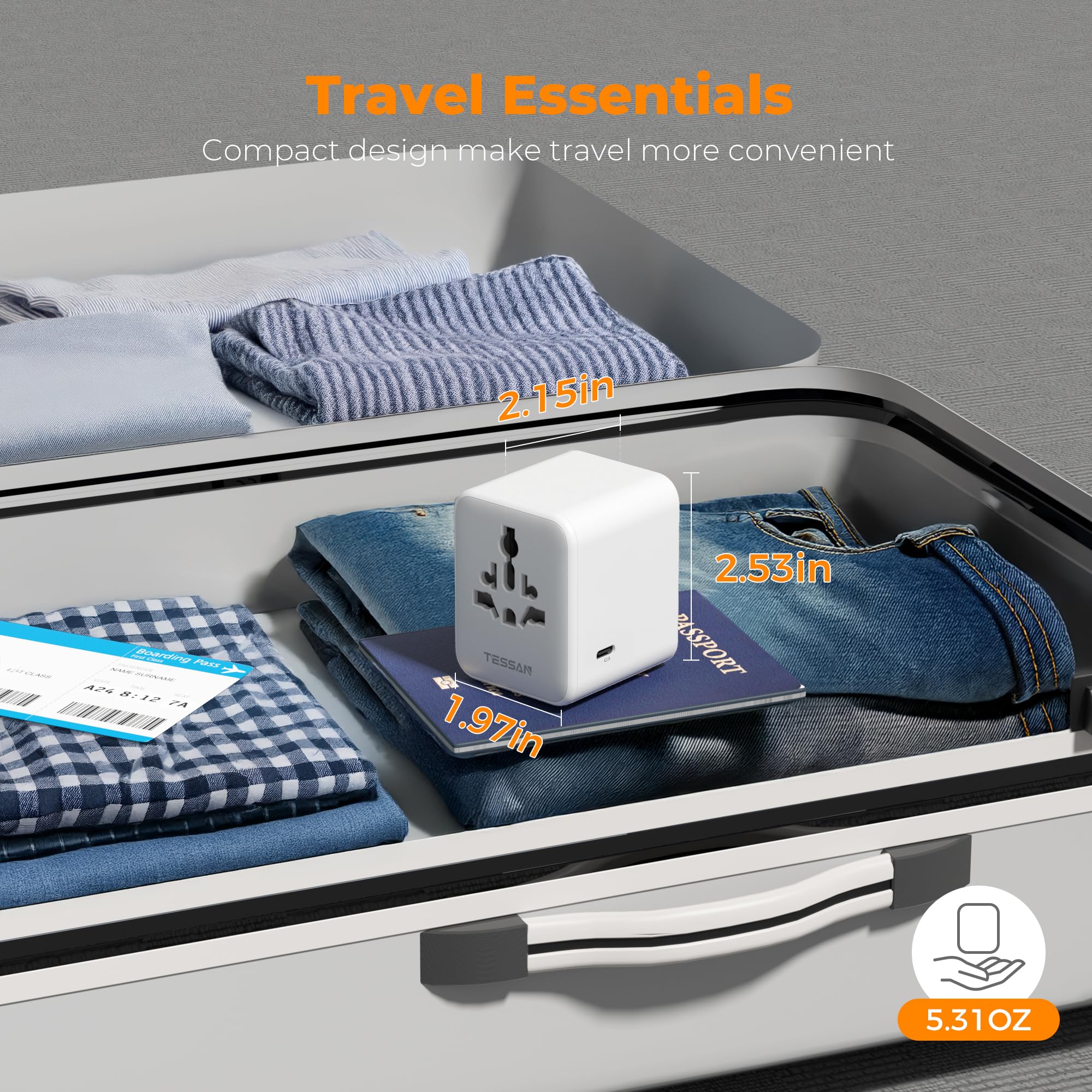 TESSAN travel adapter in hotel room charging multiple devices simultaneously