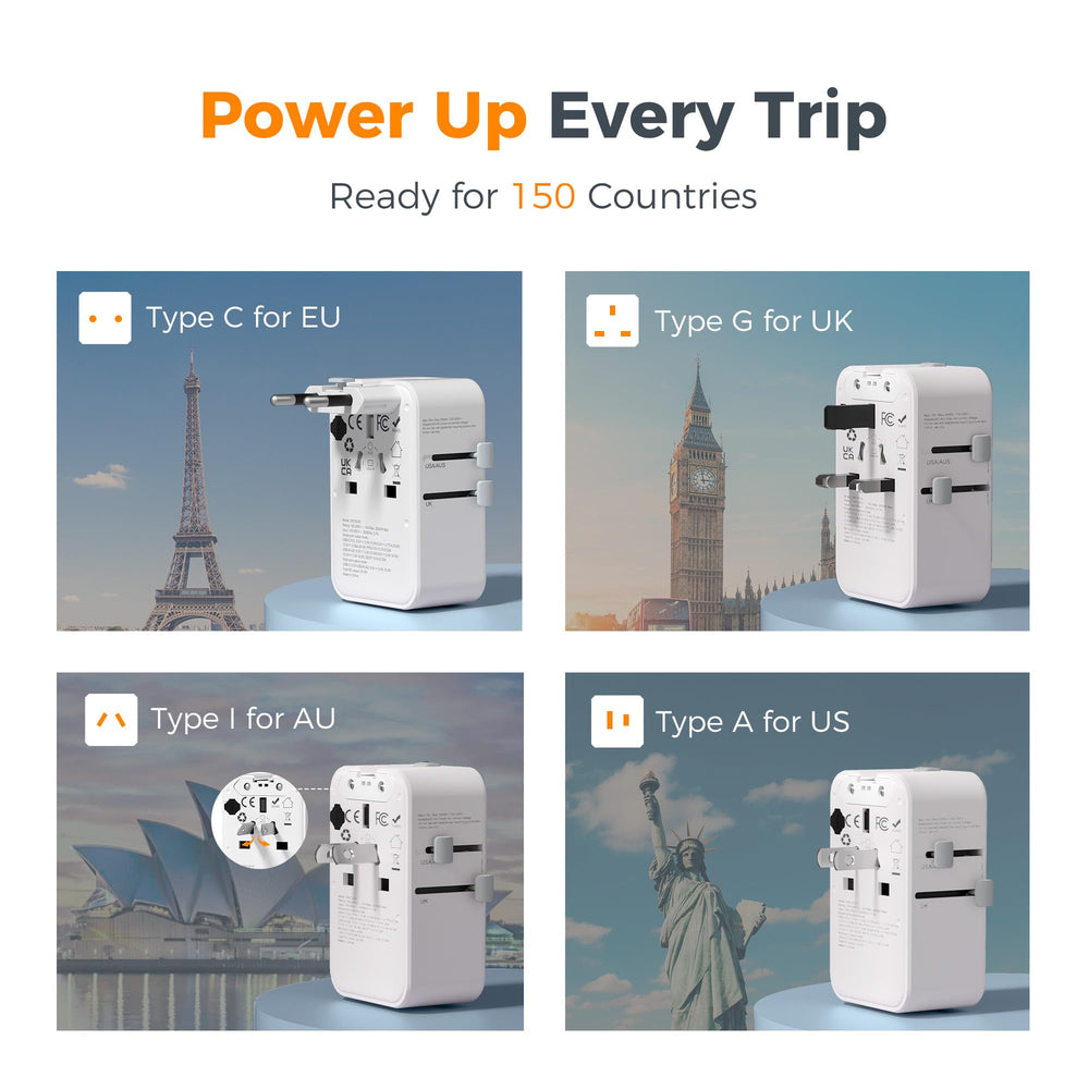 TESSAN universal travel adapter showing compatibility with US EU UK AU plugs.
