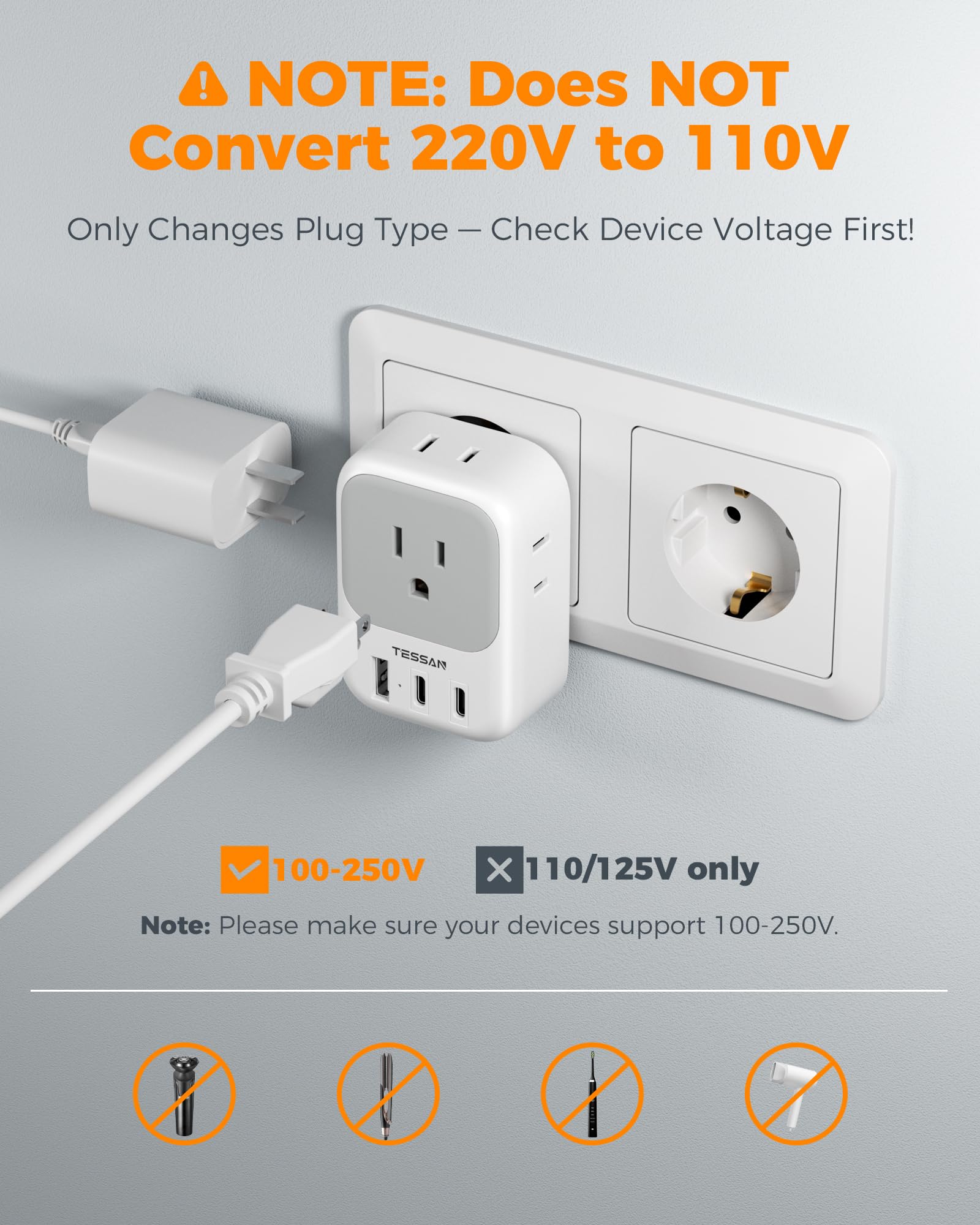 TESSAN US to Europe plug adapter showing 7 in 1 outlets and USB ports