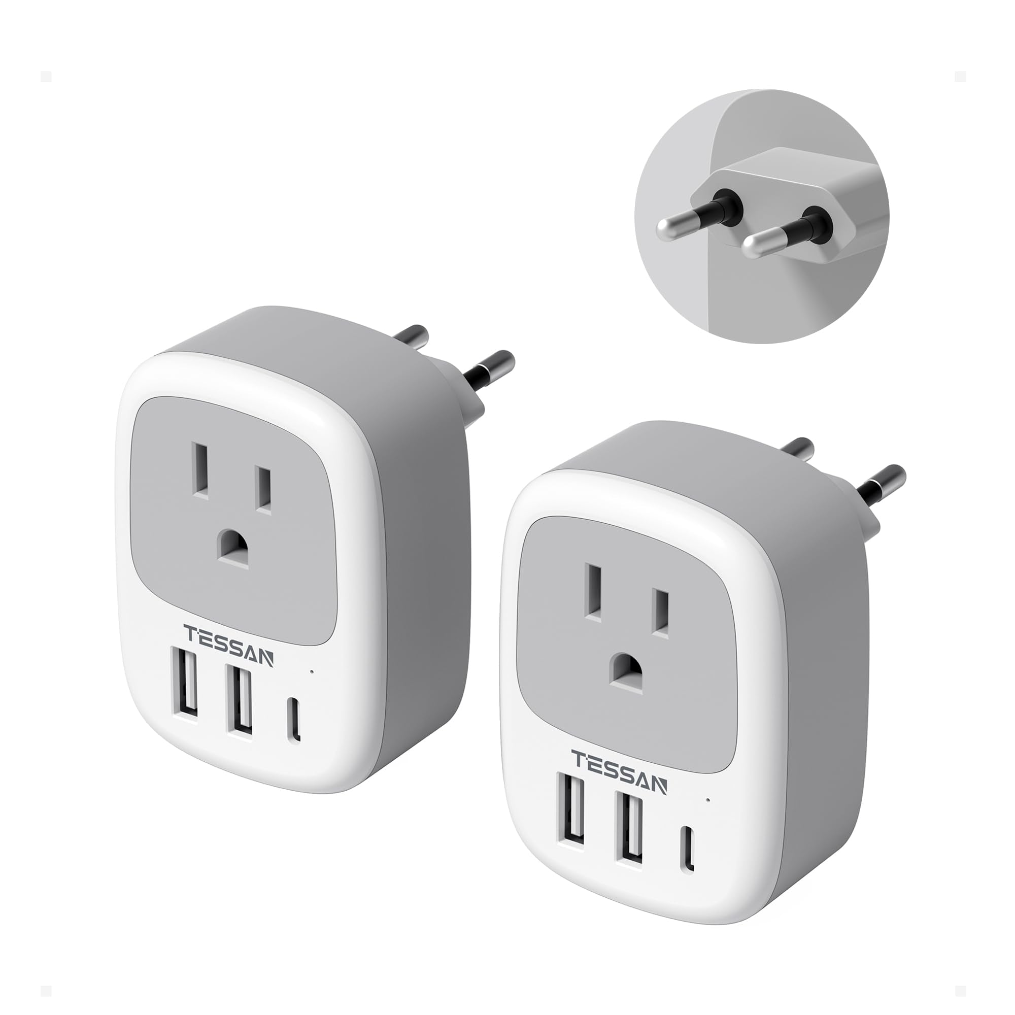TESSAN US-to-Europe plug adapter with USB-C and USB-A ports for travel charging