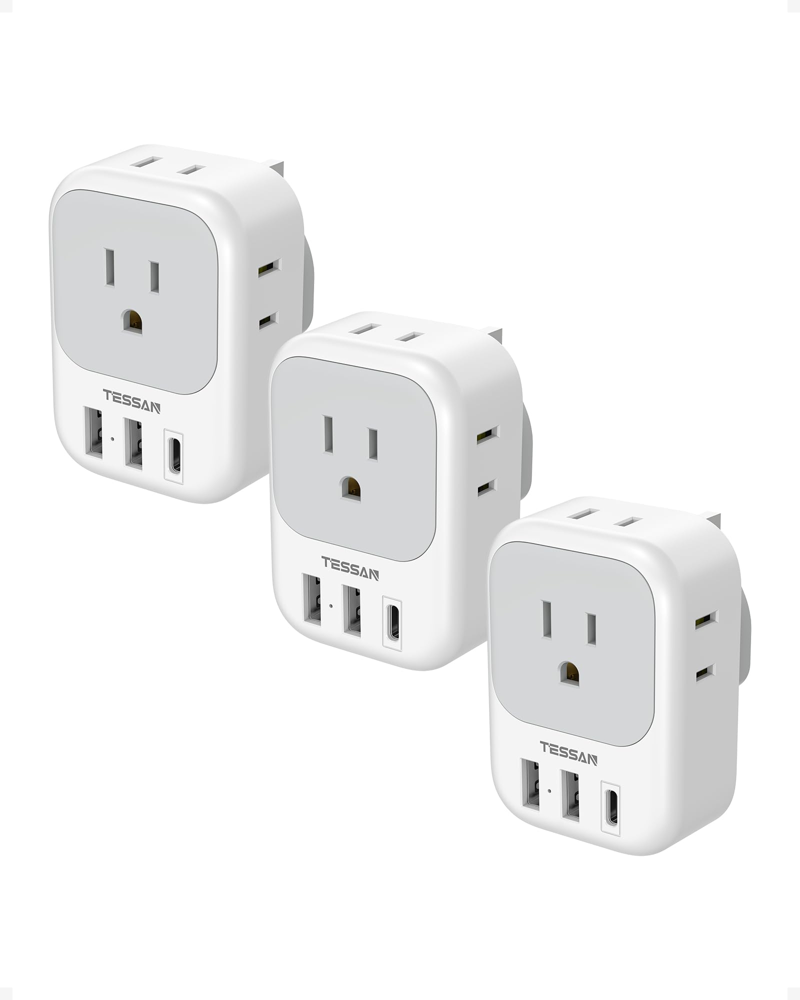 TESSAN US-to-UK adapter front view, compact travel hub for multiple devices.
