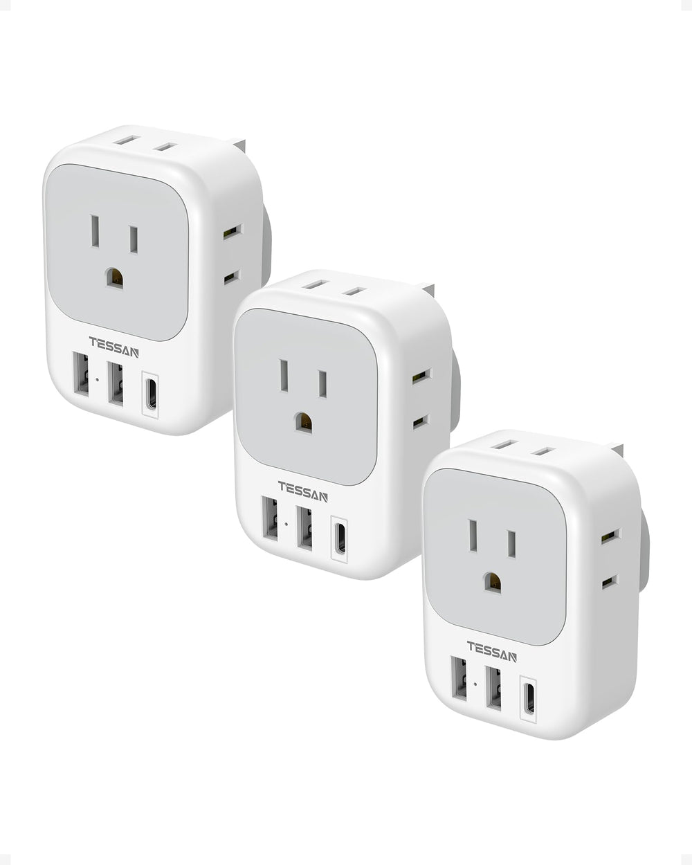 TESSAN US-to-UK adapter front view, compact travel hub for multiple devices.