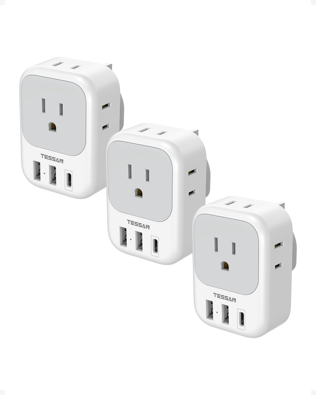 TESSAN US-to-UK adapter front view, compact travel hub for multiple devices.