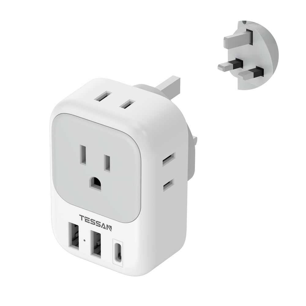 TESSAN US-to-UK plug adapter, front view, compact travel power hub for multiple devices.