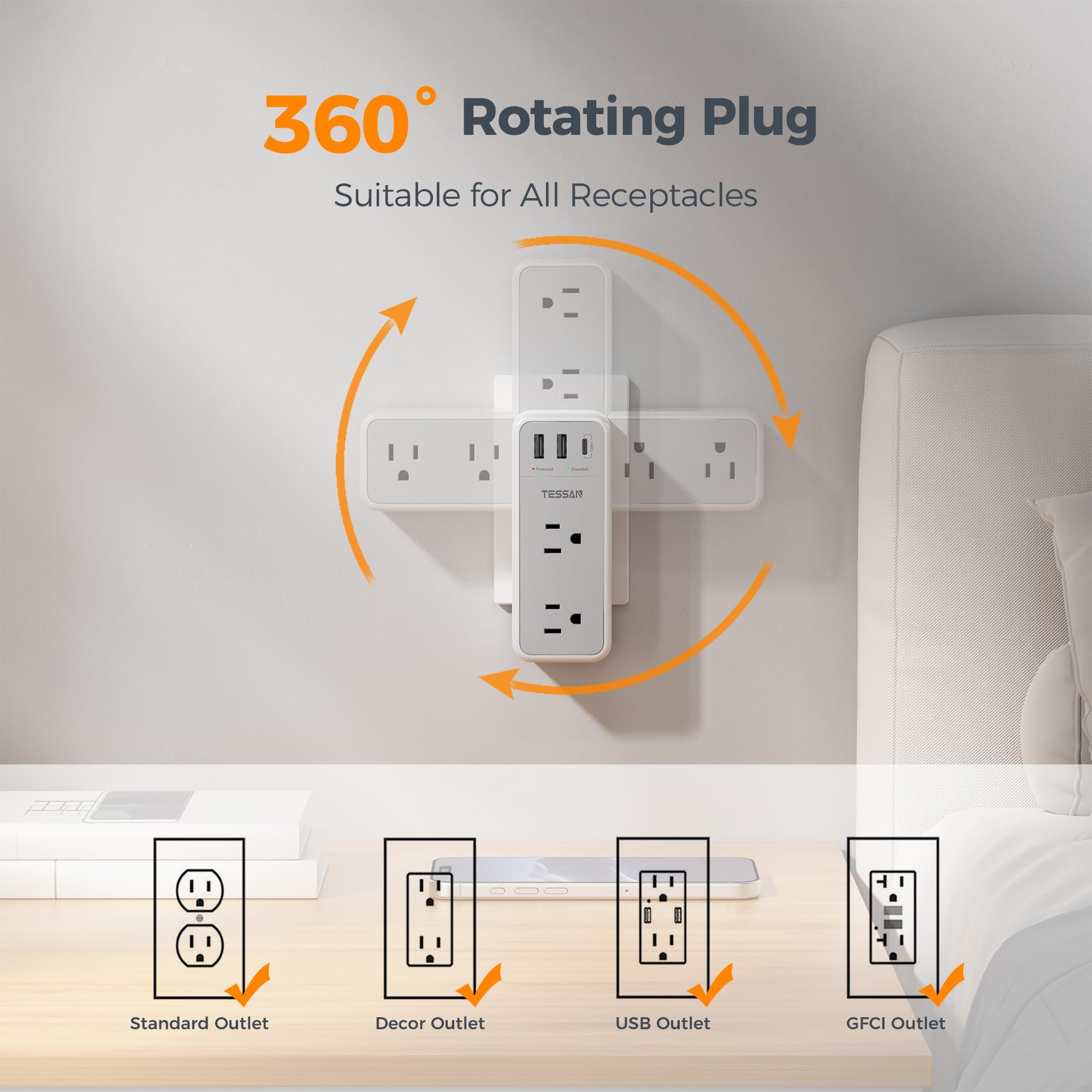 TESSAN USB-C and USB-A ports provide fast charging for multiple devices.