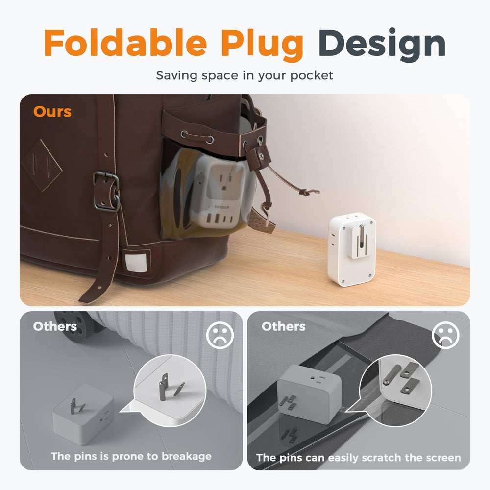TESSAN USB-C Charger Block folding prongs keep bags tidy and prevent wear.