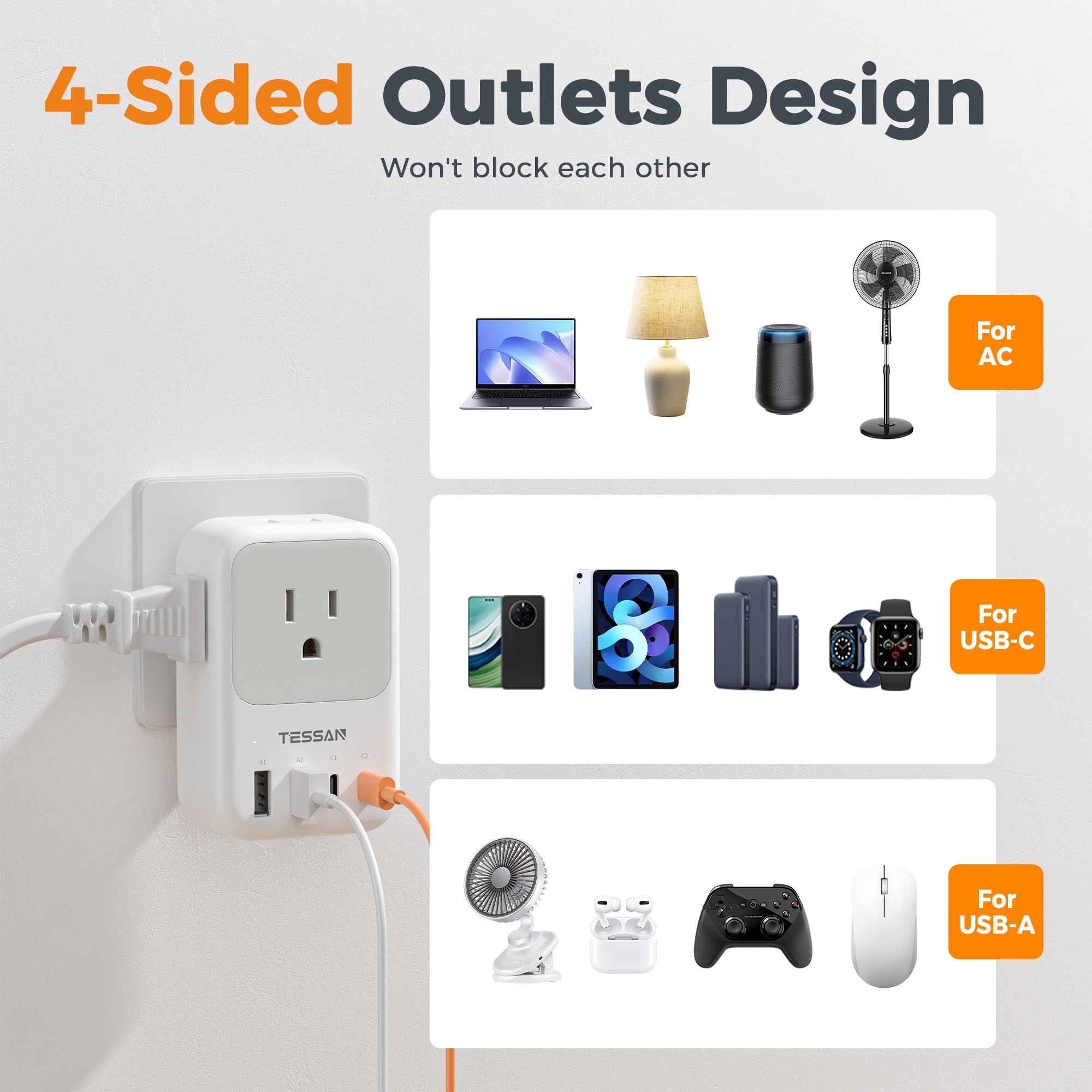 TESSAN USB-C Charger Block slim design saves desk space.