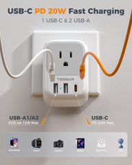 TESSAN USB-C PD 20W port powers smartphones quickly while traveling.