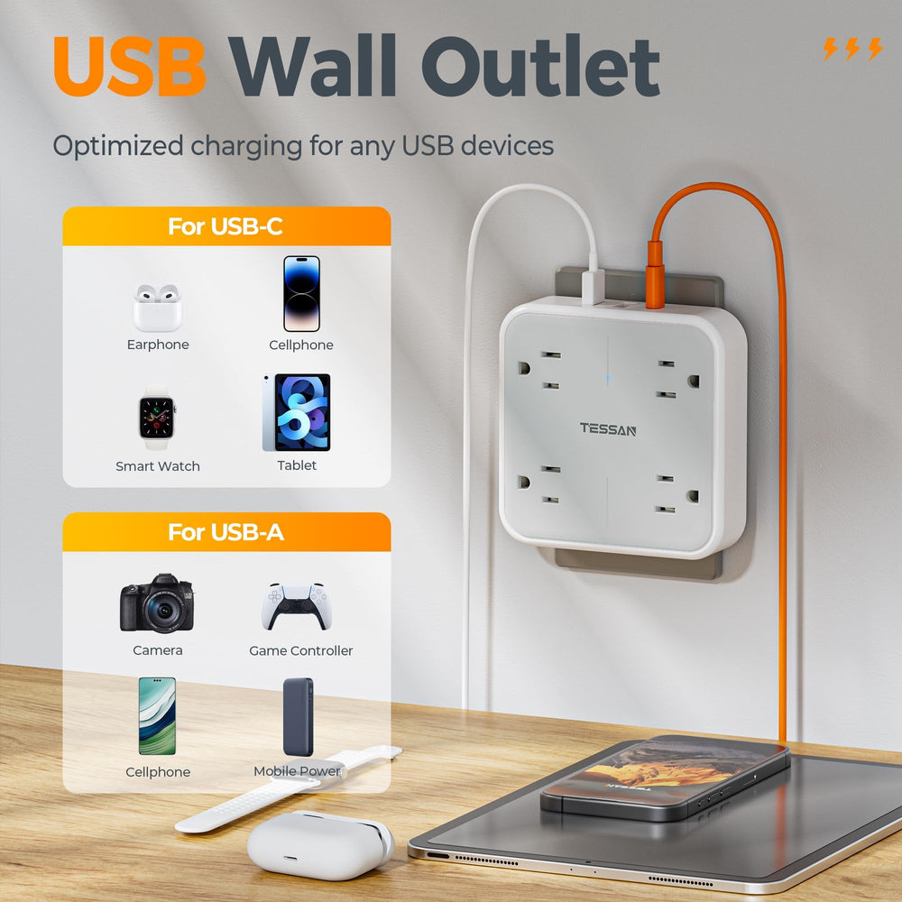 TESSAN USB-C port charging visual emphasizes 15W capability for phones and tablets.