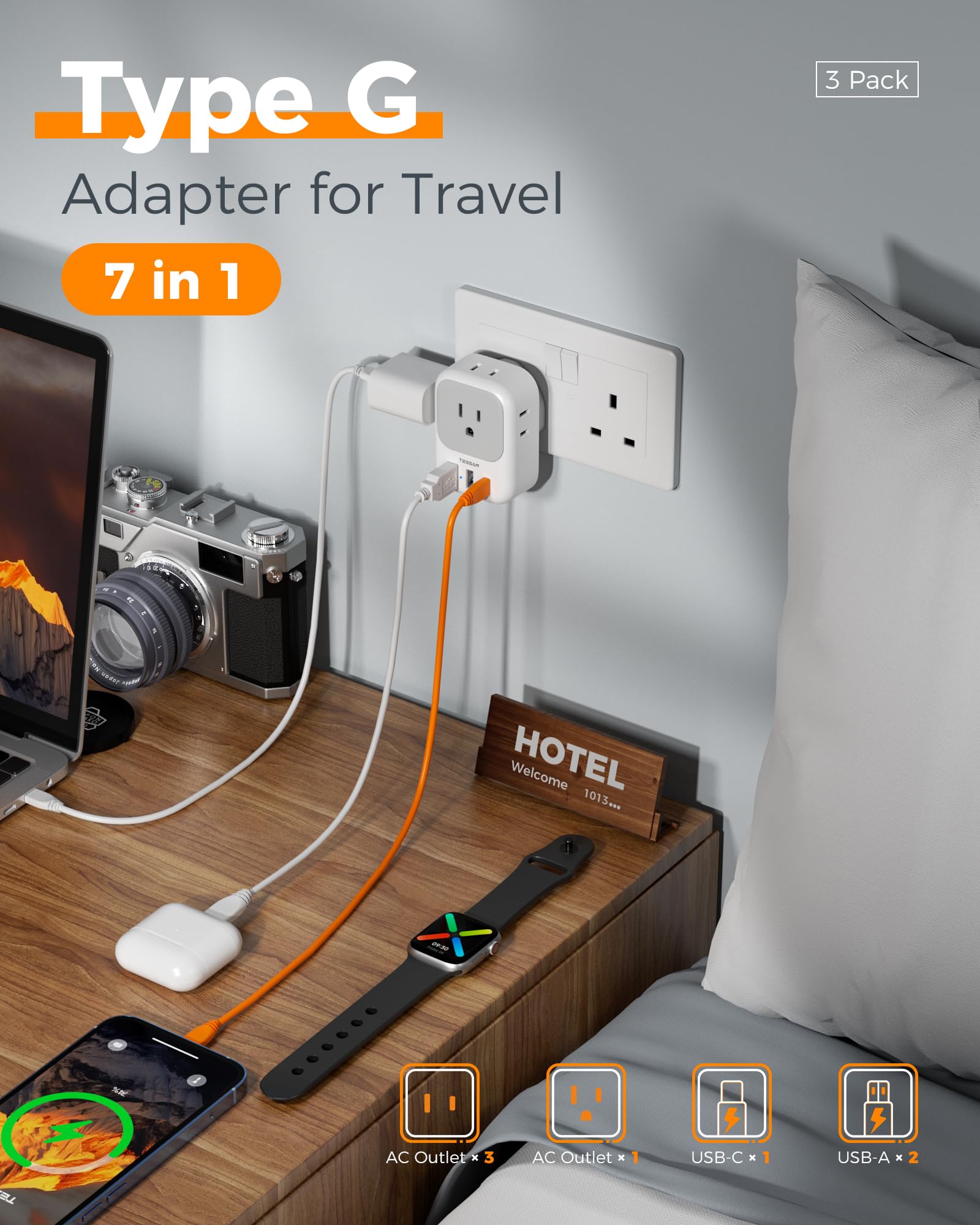 TESSAN USB-C port close-up highlights fast charging capability.