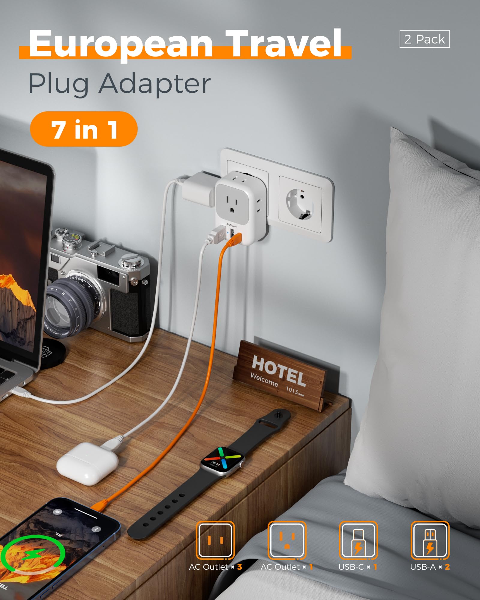 TESSAN USB-C port in EU adapter enables quick charging for phones and devices.