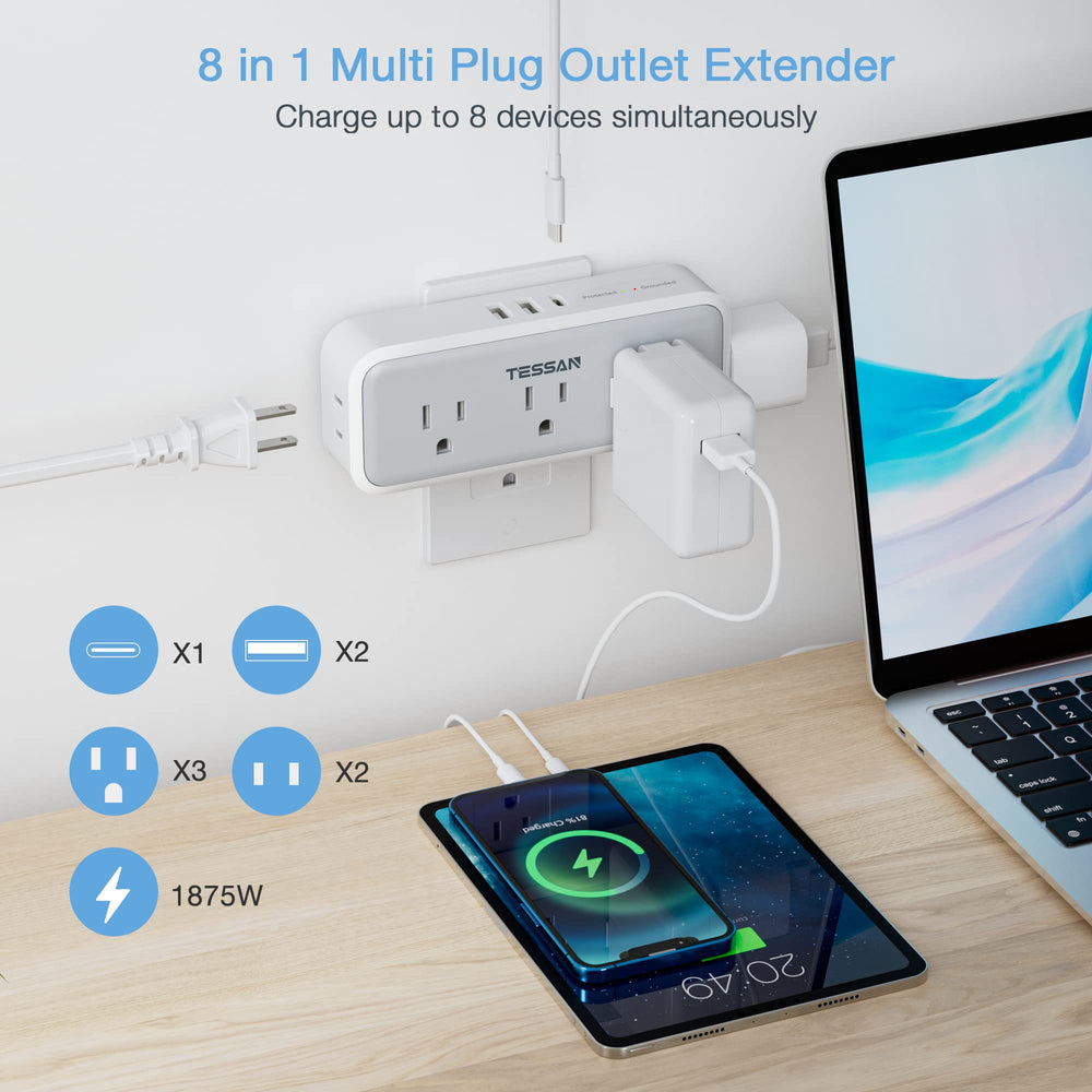TESSAN wall plug splitter with USB-C for multiple device charging