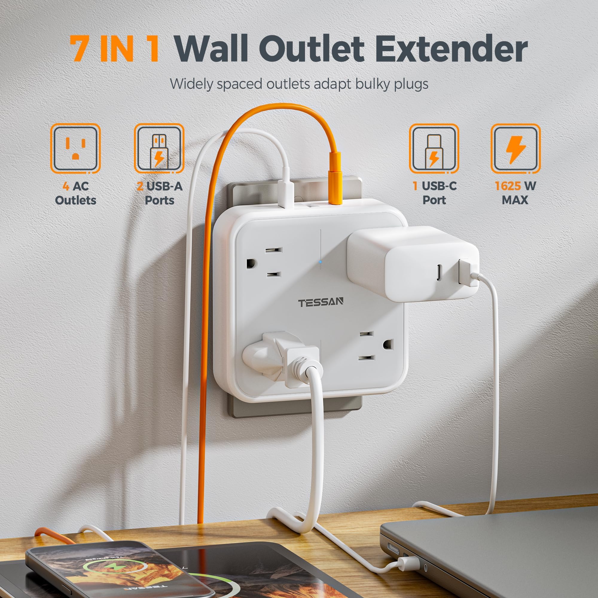 TESSAN widely spaced outlets demonstrate space-saving design for multiple devices.