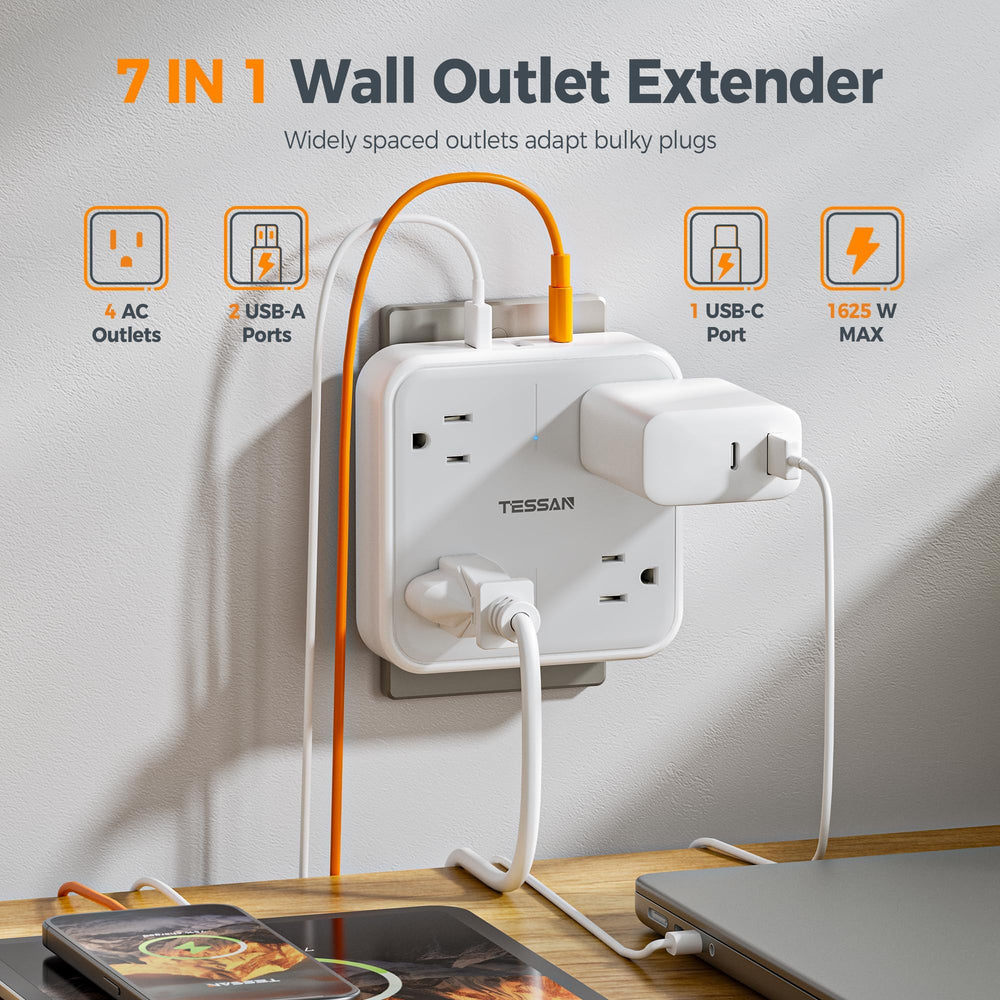 TESSAN widely spaced outlets demonstrate space-saving design for multiple devices.