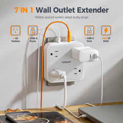 TESSAN widely spaced outlets demonstrate space-saving design for multiple devices.