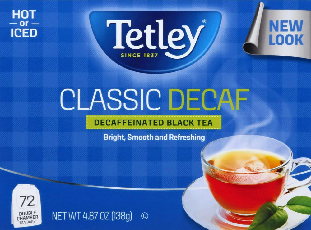 Tetley 72-count decaf boxes for everyday tea moments.