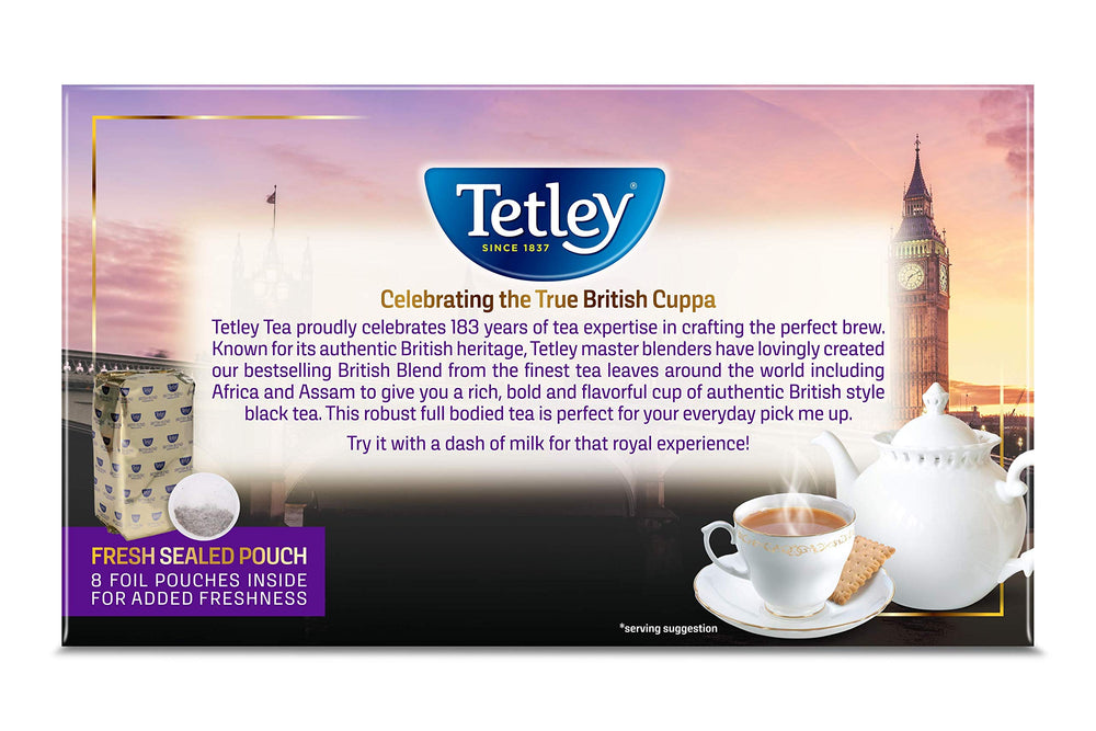 Tetley British Blend round tea bags with no strings for easy brewing.