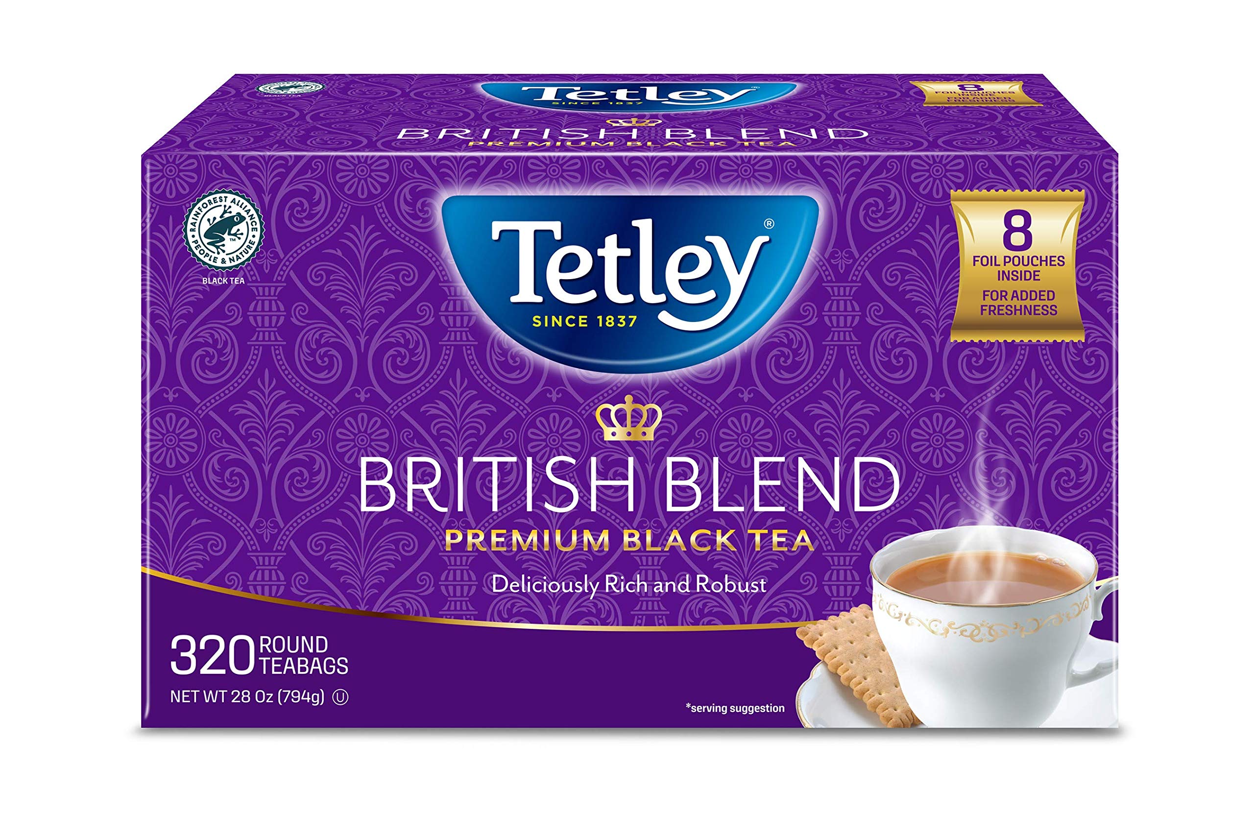 Tetley British Blend tea box with 8 foil packs ensures lasting freshness.
