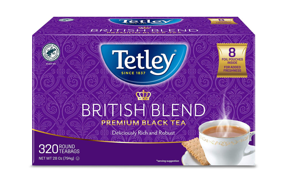 Tetley British Blend tea box with 8 foil packs ensures lasting freshness.
