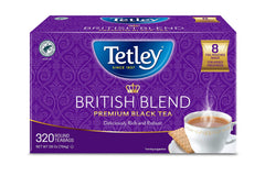 Tetley British Blend tea box with 8 foil packs ensures lasting freshness.