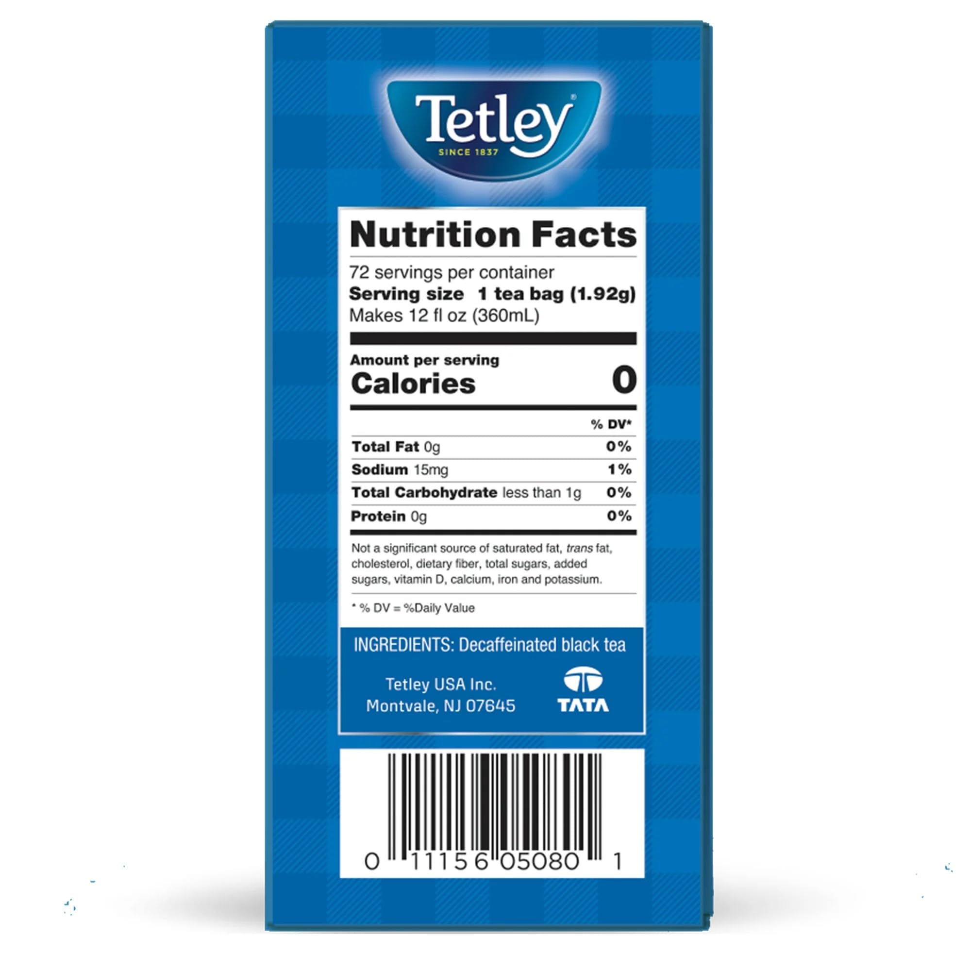 Tetley decaf tea box showing 72 bags for convenient daily brewing.
