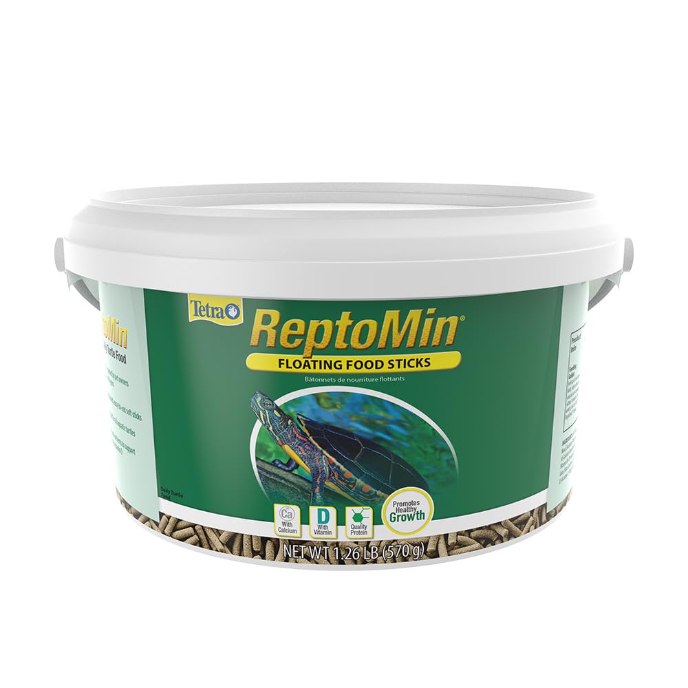 Tetra ReptoMin floating sticks packaging shows a balanced daily diet for aquatic reptiles.