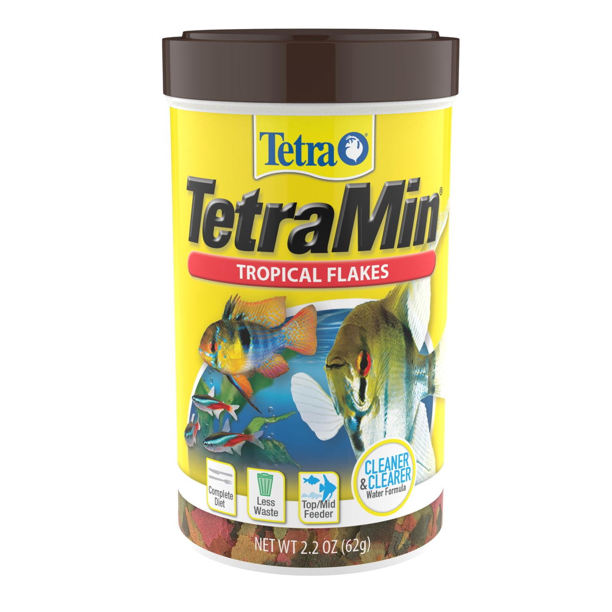 TetraMin Tropical Flakes bottle close-up, convenient daily feeding for tropical fish.