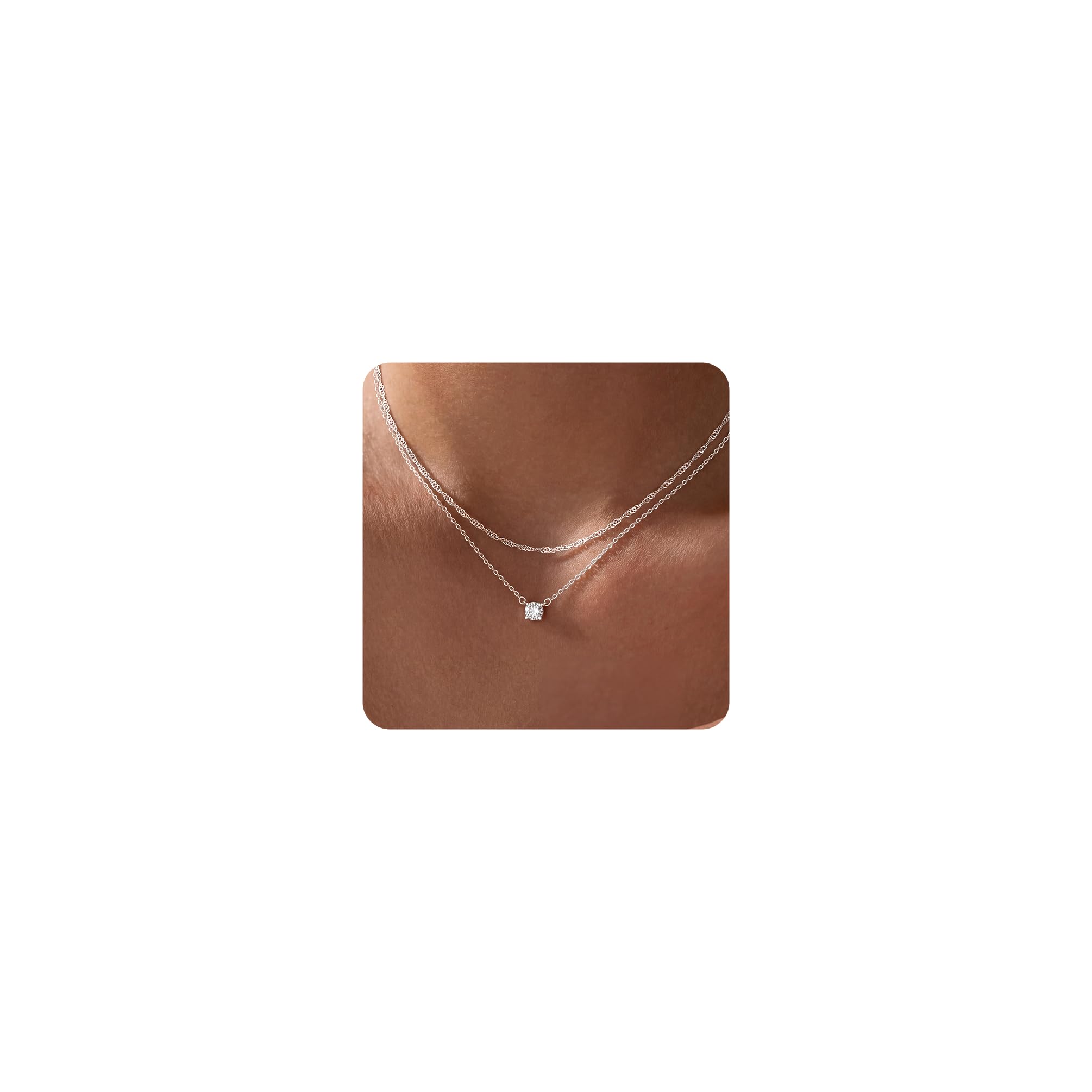Tewiky dainty silver necklace layered design with sparkling CZ stones