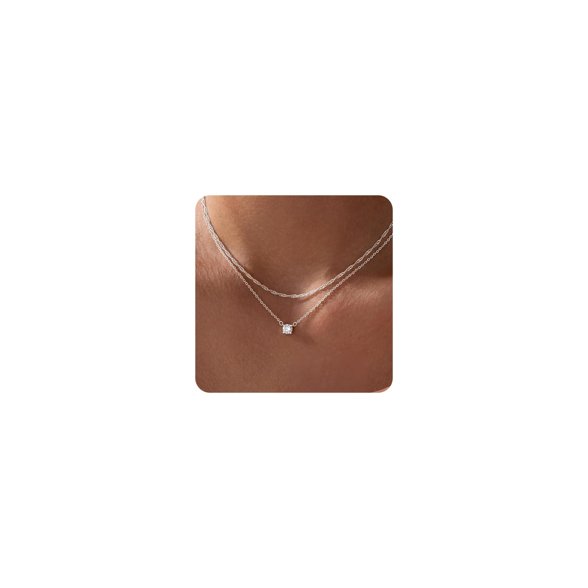 Tewiky dainty silver necklace layered design with sparkling CZ stones
