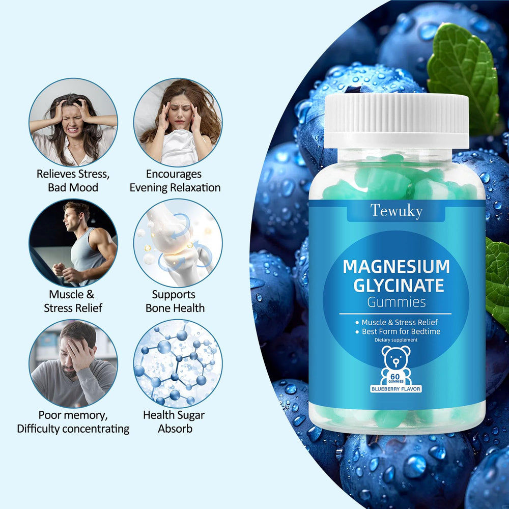 Tewuky gummies closeup: chewy, blueberry-flavored texture ideal for easy magnesium intake.