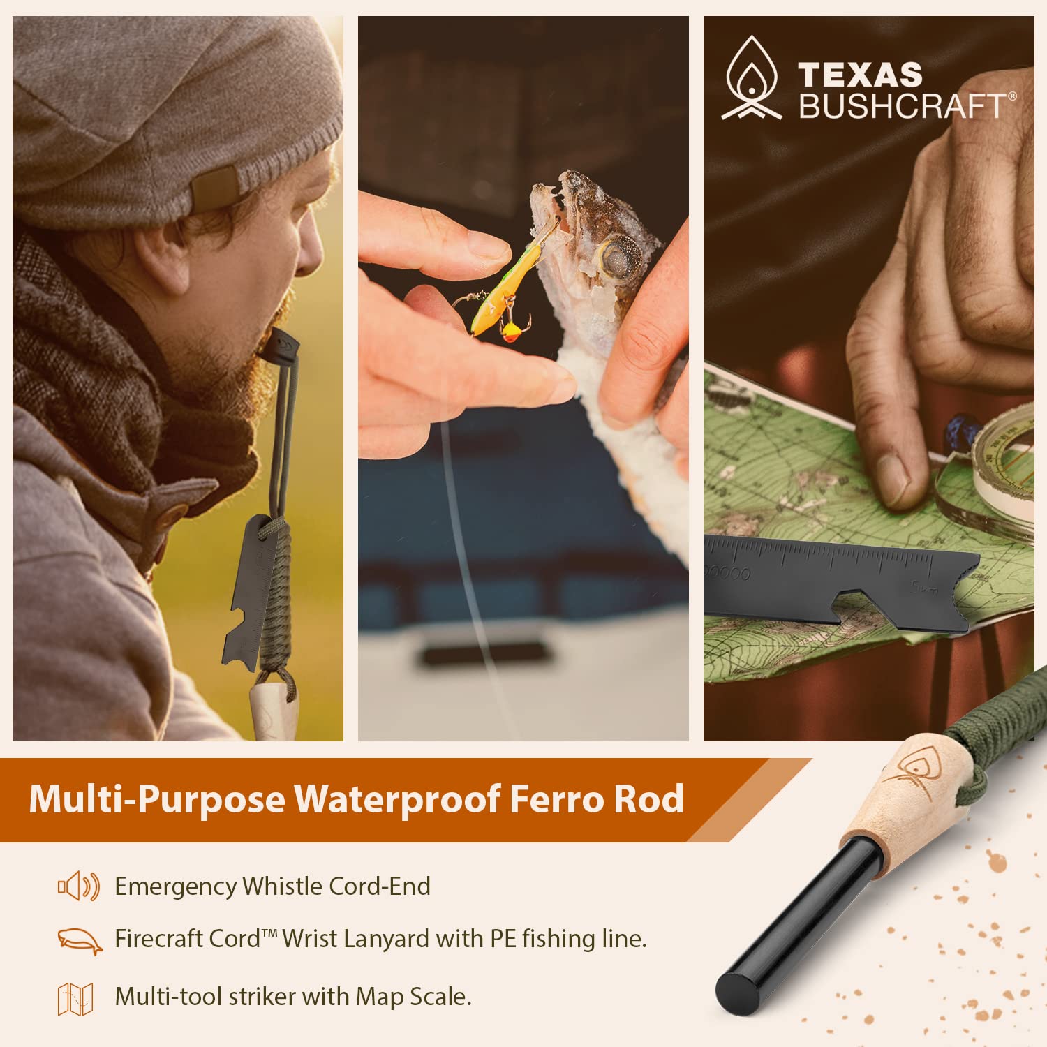 Texas Bushcraft bottle opener—integrated for on-spot beverage access.