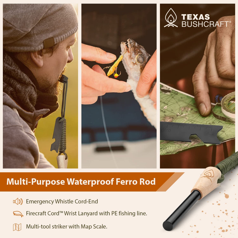 Texas Bushcraft bottle opener—integrated for on-spot beverage access.