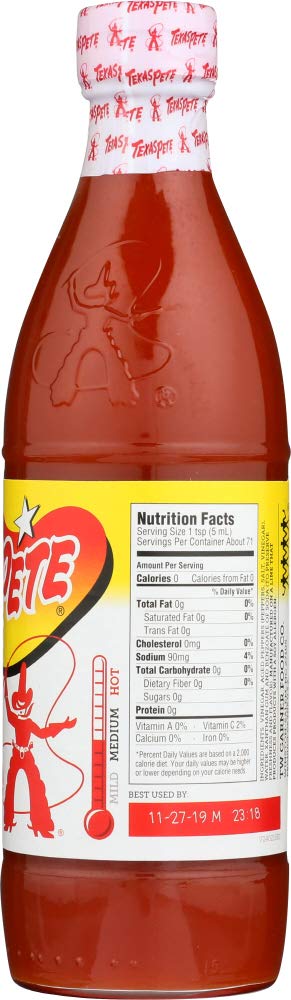 Texas Pete Original Hot Sauce label closeup showing classic design for daily flavor.