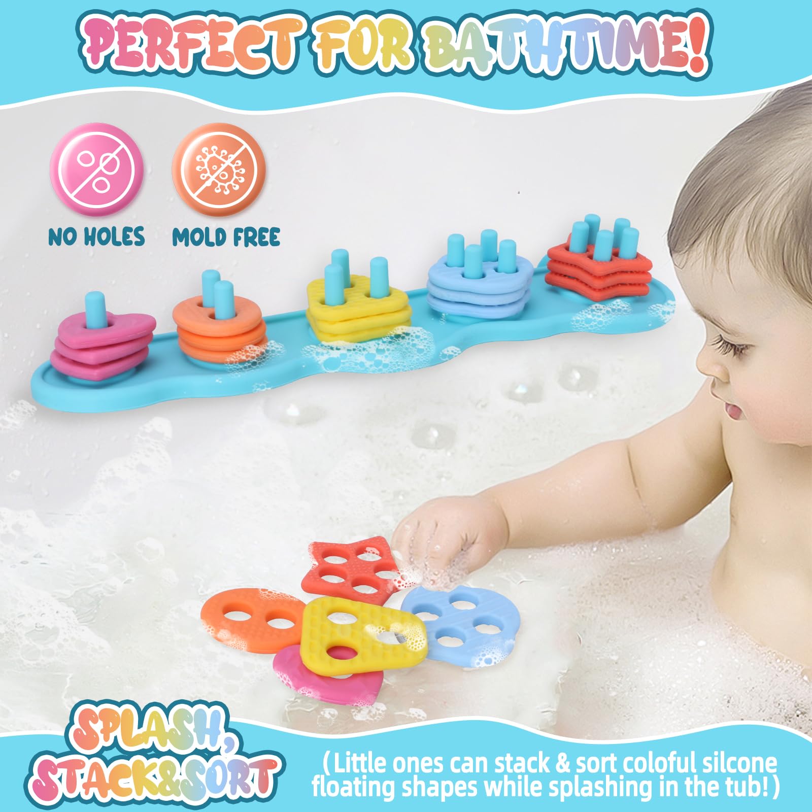 Texviko bath toys with color-shape sorter board aids early recognition during baths.